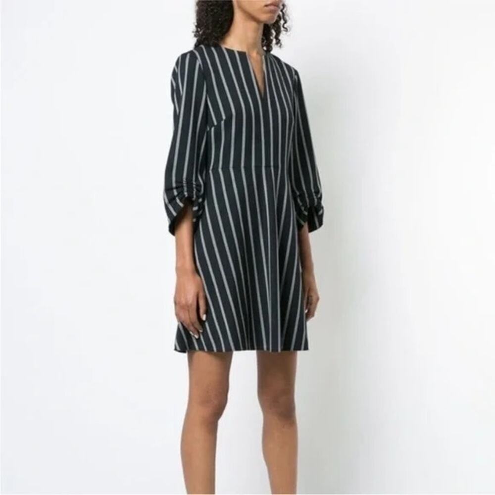 TIBI Felix Split Neck Gathered Blouson Sleeve Pinstripe Dress Size 2 Navy White - Picture 2 of 7